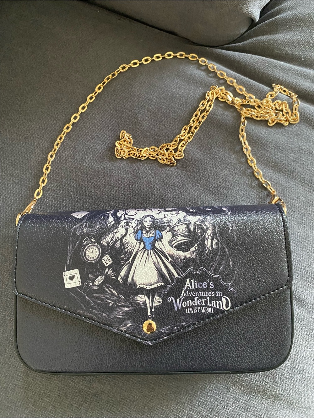 Alice in Wonderland Black Crossbody Bag with Gold Chain new